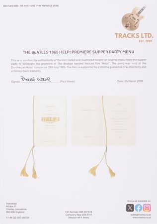 Lot #7050 Beatles Original 'HELP! Premiere' Dinner Menu (Dorchester Hotel, July 29, 1965) - Image 3