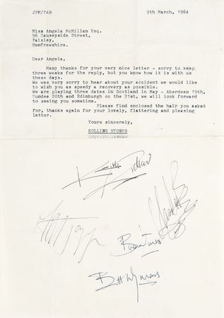 Lot #7115 Rolling Stones Early Typed Letter Signed by Mick Jagger, Keith Richards, Charlie Watts, and Bill Wyman, with (4) Bags of 'Band Hair' - Image 3