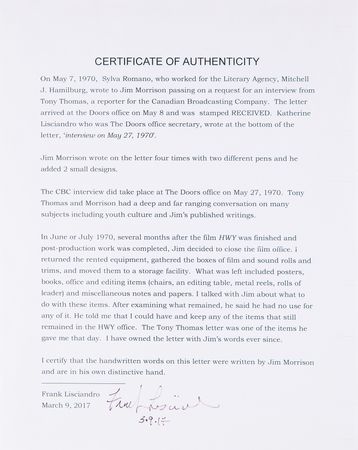 Lot #7153 Jim Morrison Handwritten Notes and Doodle - Agreement for an Interview with Tony Thomas of CBC Radio (May 7, 1970) - Image 2