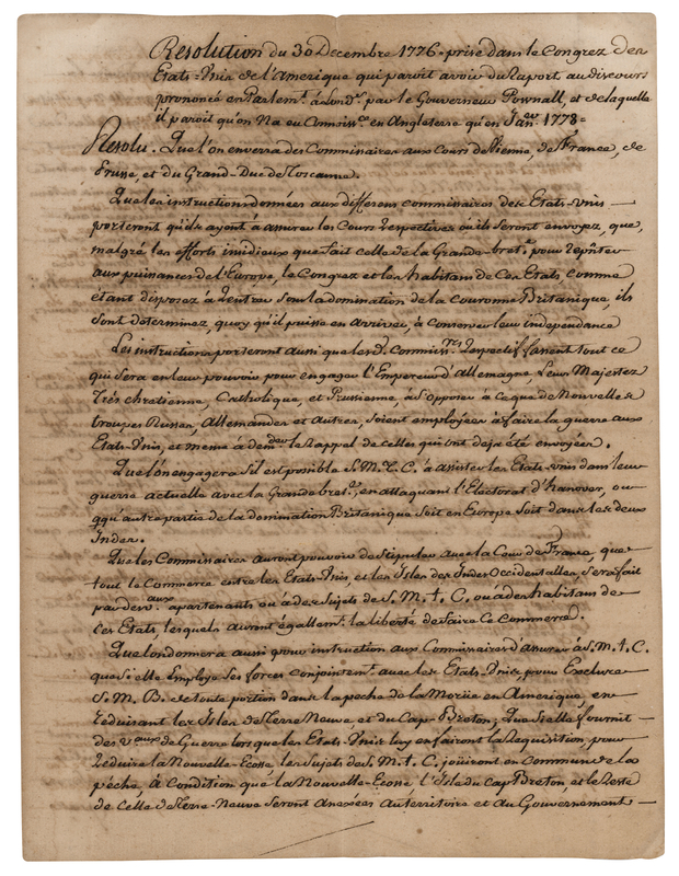 Lot 96 [John Hancock] French Translation of Congressional Resolution Aiming to Form an Alliance Against Great. Britain (c. 1778)
