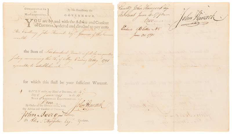 Lot 93 John Hancock Twice-Signed Document as Governor of Massachusetts, Paying His Own Salary