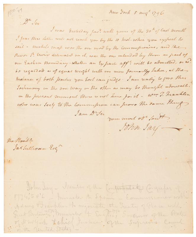 Lot 130 John Jay Autograph Letter Signed on the Boundary Between the United States and Canada, as Determined by the Jay Treaty