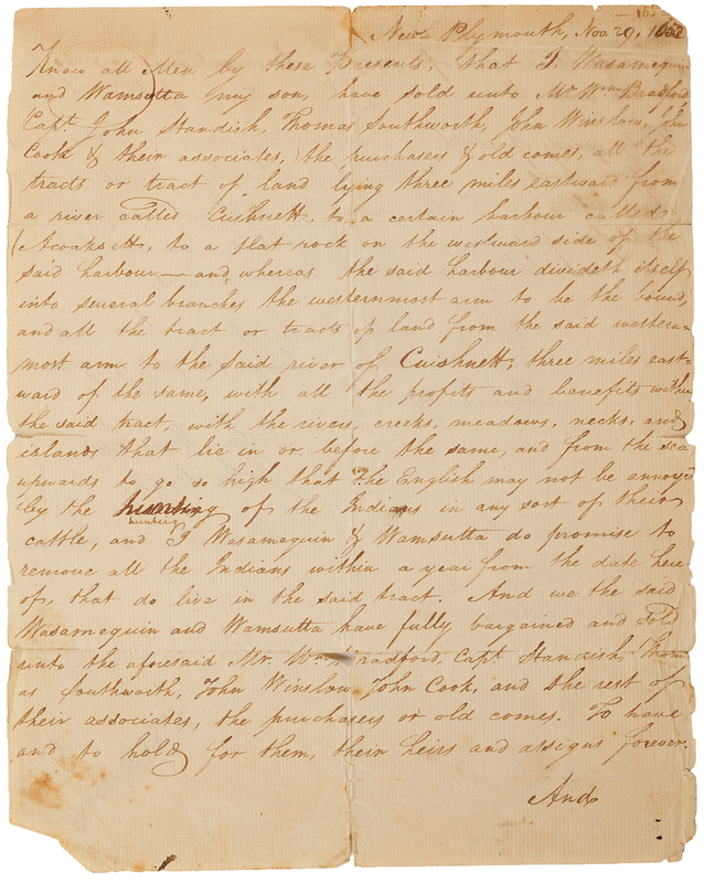 Lot 113 Pilgrims and Native American Indians Land Sale Document (19th-Century Manuscript Copy)