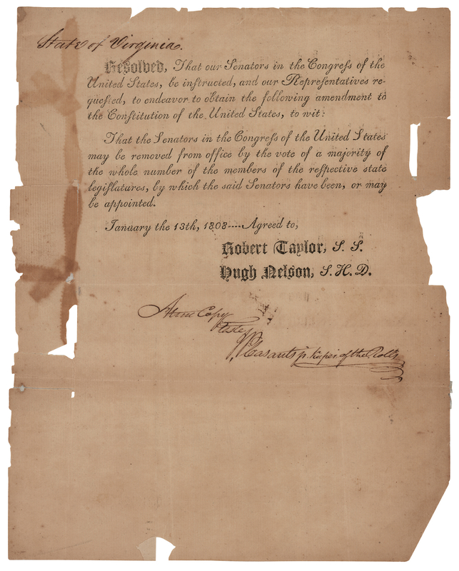 Lot 126 Virginia: Document Proposing a Constitutional Amendment (1808)