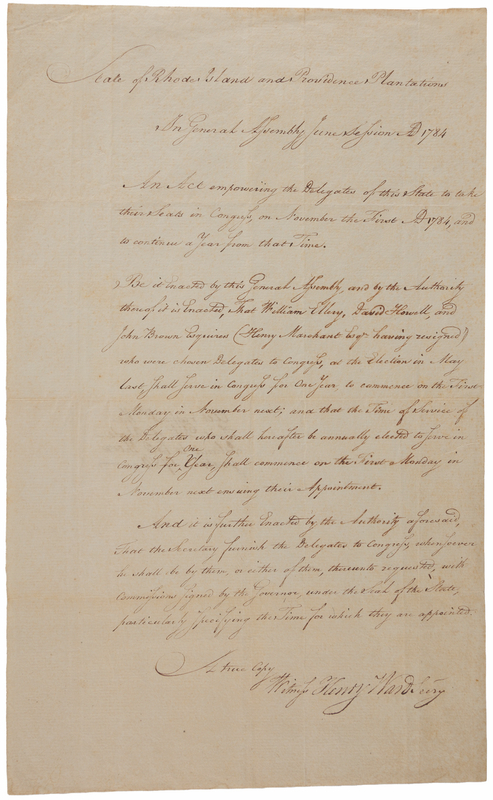 Lot 117 Rhode Island: Act Sending Delegates to the Continental Congress (1784), including Declaration Signer William Ellery