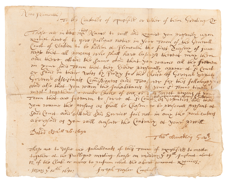 Lot 115 Plymouth: Thomas Hinckley Document Signed (1690) - The Last Governor of Plymouth Colony Calls an Election