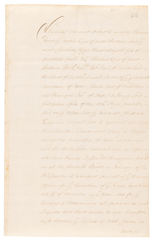 Lot 152 Treaty of London, 1687: Appointing Commissioners on American Peace Between England and France
