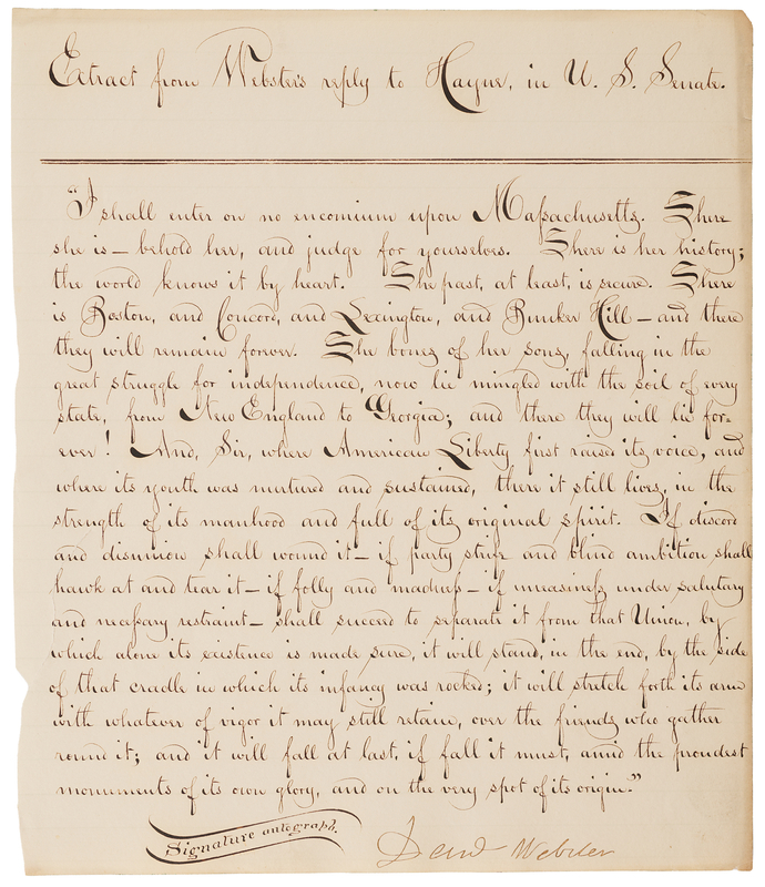Lot 127 Daniel Webster Manuscript Quotation Signed on Massachusetts and National Unity: 