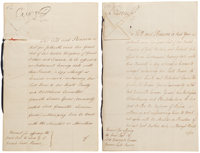 Lot 156 King George III (2) Documents Signed, Authorizing Lord Granville to Negotiate with Russia