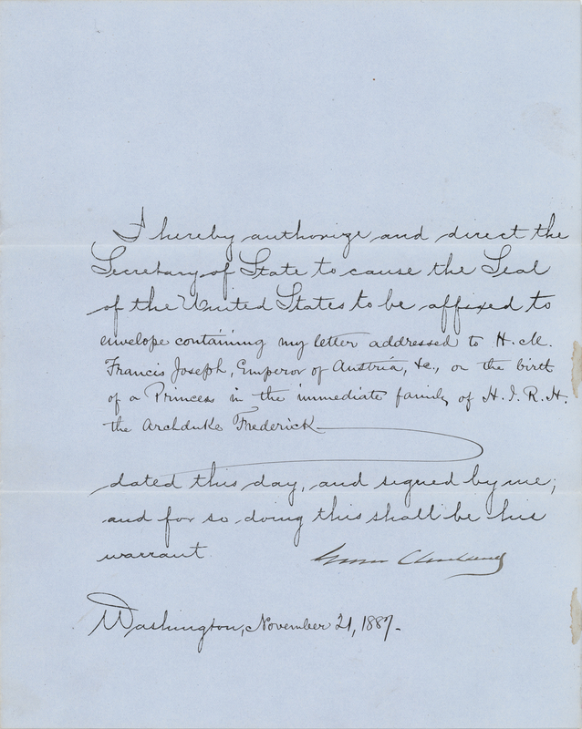 Lot 37 Grover Cleveland Document Signed as President, Congratulating the Emperor of Austria on the Birth of a Princess