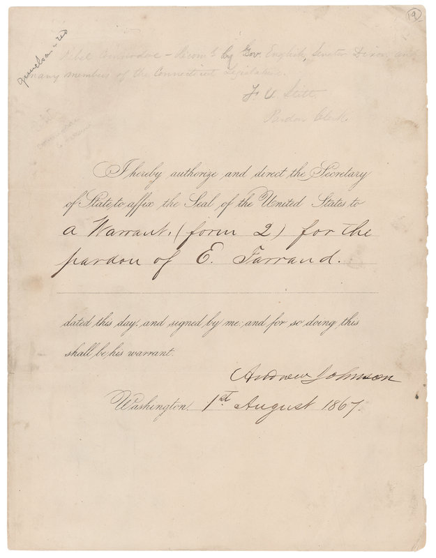 Lot 29 Andrew Johnson Document Signed as President, Pardoning Confederate Naval Officer Ebenezer Farrand