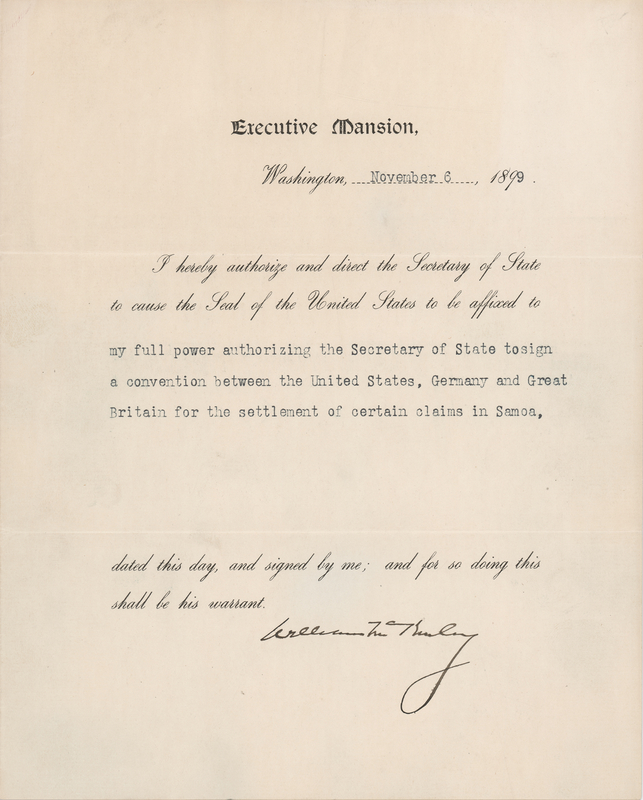 Lot 38 William McKinley Document Signed as President, Authorizing the Signing of the Tripartite Convention of 1899