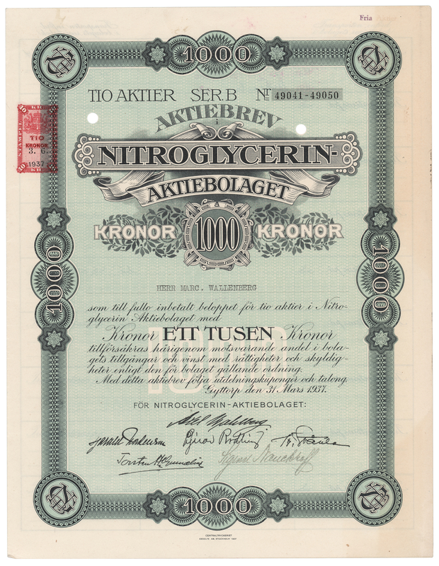 Lot 184 [Alfred Nobel] Nitroglycerin Aktiebolaget Stock Certificate