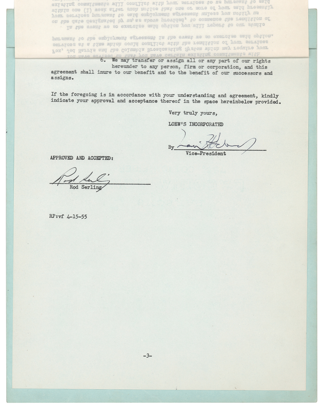 Lot 426 Rod Serling Document Signed for 'The Rack'