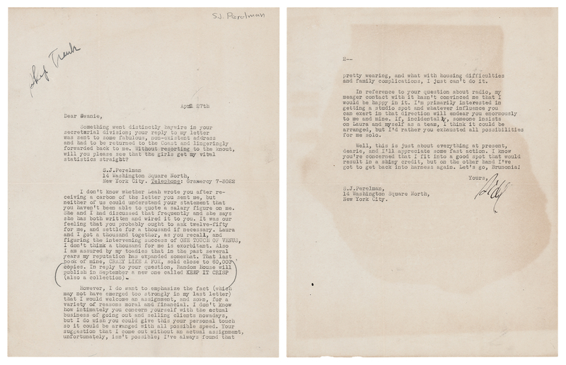 Lot 425 S. J. Perelman Typed Letter Signed
