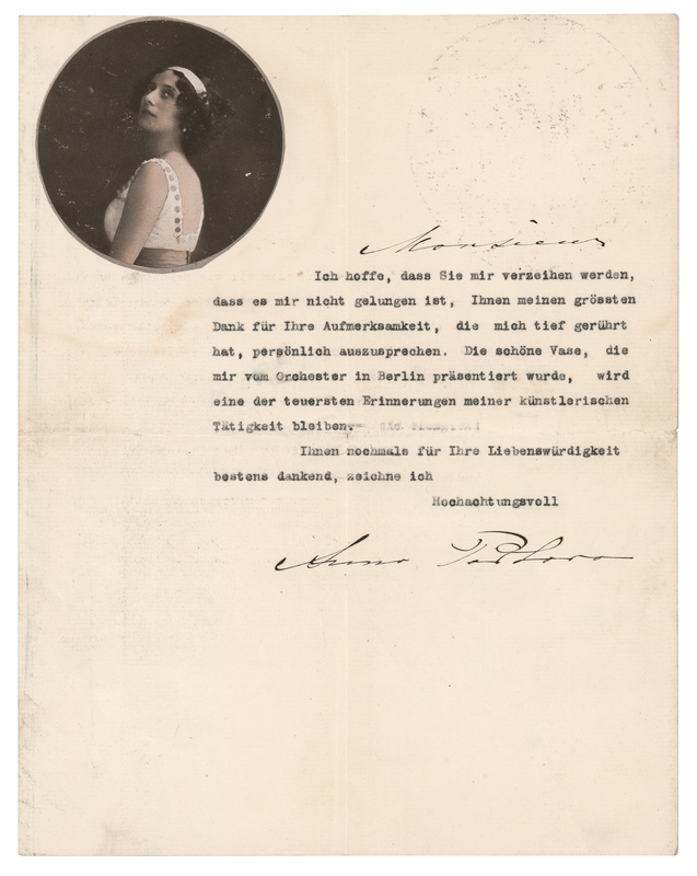 Lot 424 Anna Pavlova Typed Letter Signed