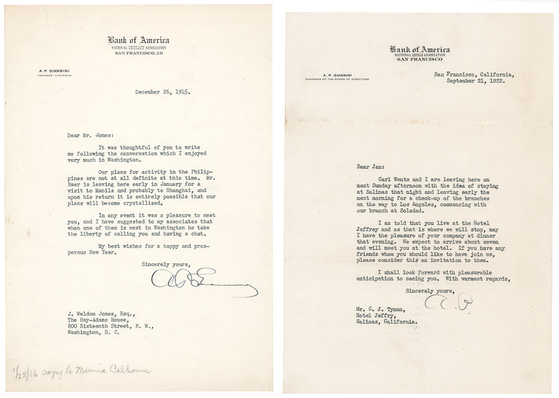 Lot 175 Amadeo Giannini (2) Typed Letters Signed