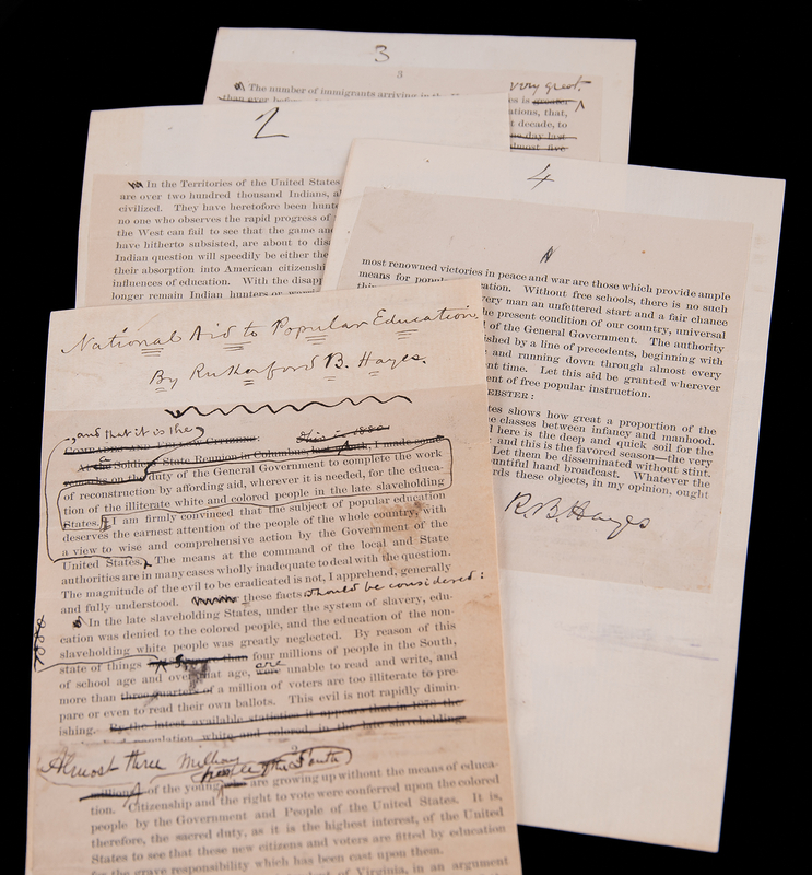 Lot 32 Rutherford B. Hayes Signed Revised Paste-Up Address, Advocating Universal Public Education and Federal Support for Schooling in the Post-Reconstruction Era