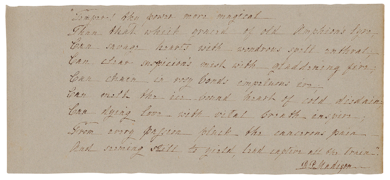 Lot 13 Dolley Madison Autograph Poem Signed on the Power of Music: 