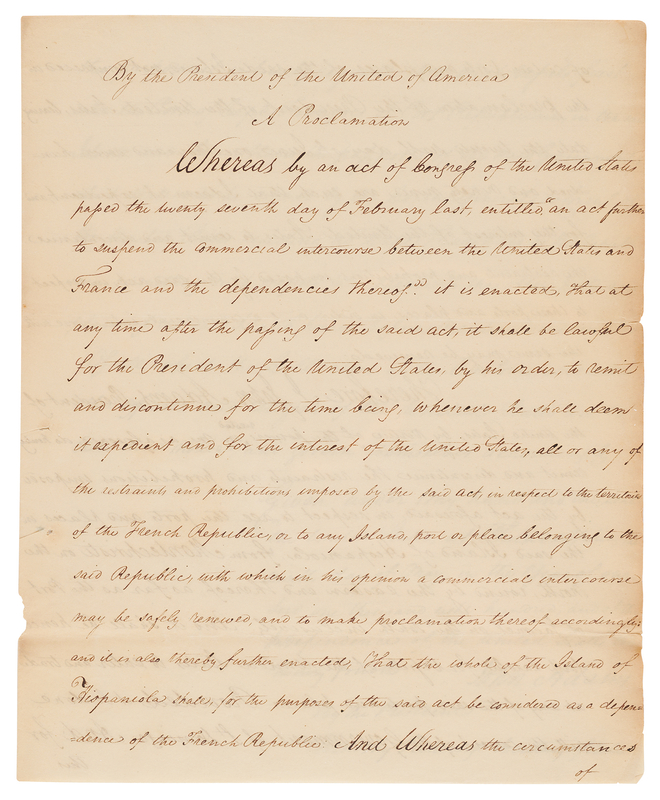 Lot 9 [John Adams] Manuscript Proclamation of an Act of Congress, Suspending Trade with France