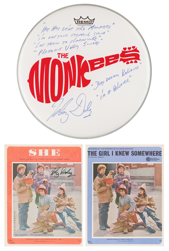Lot 359 The Monkees: Mickey Dolenz Signed Drum Head and Sheet Music