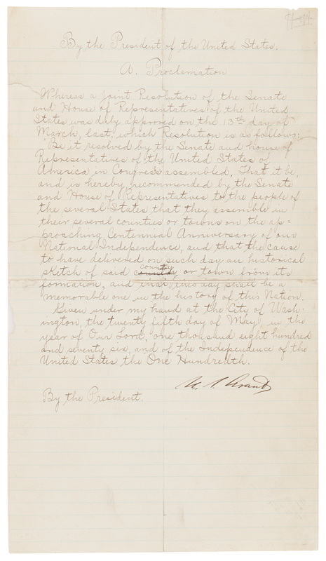 Lot 30 U. S. Grant Draft Proclamation Signed as President for the Observance of the 