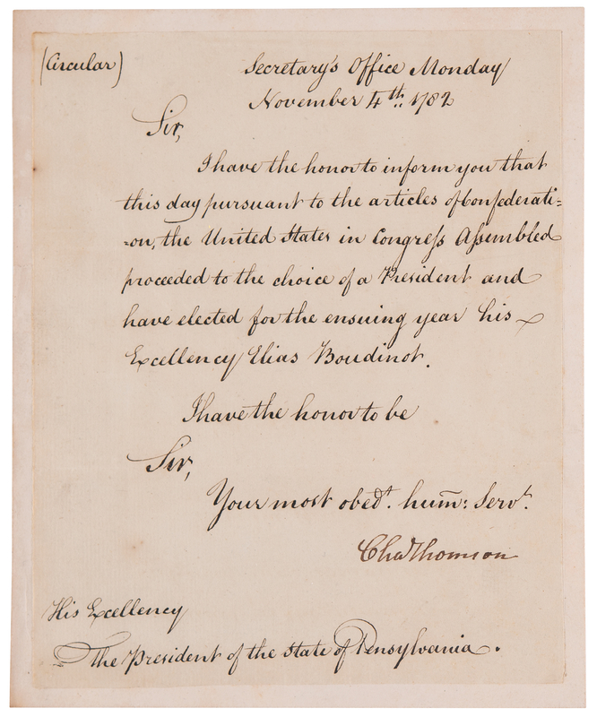 Lot 119 Charles Thomson Revolutionary War-Dated Letter Signed to the President of Pennsylvania, Announcing 
