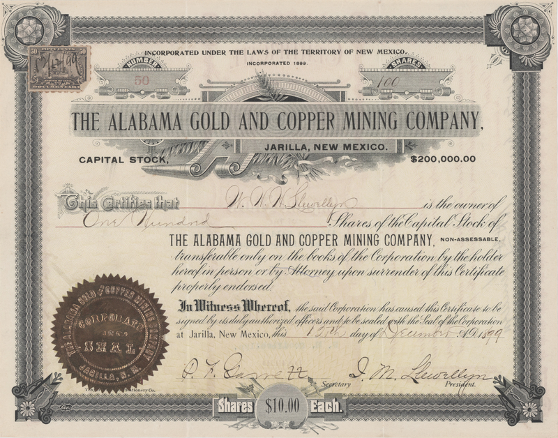 Lot 202 Pat Garrett Document Signed - Alabama Gold and Copper Mining Company Stock Certificate