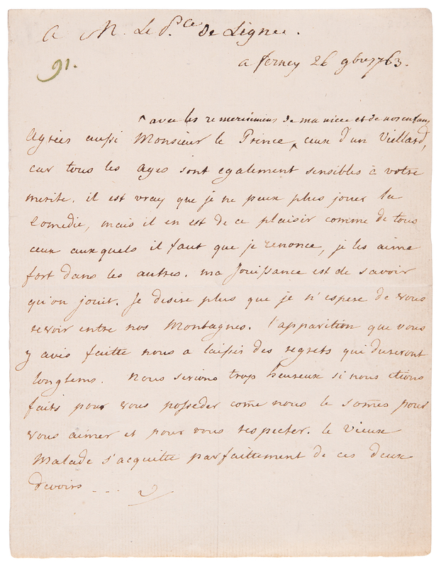 Lot 309 Voltaire Letter Signed to the Prince of Ligne: 