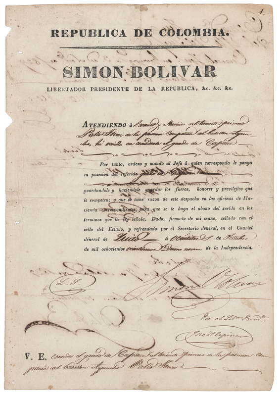 Lot 133 Simon Bolivar Document Signed, Granting a Military Promotion as 