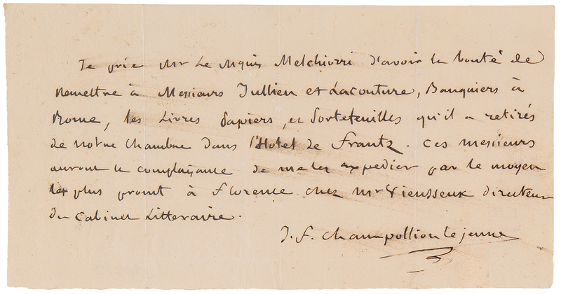 Lot 196 Jean Francois Champollion Autograph Note Signed - The Decipherer of the Rosetta Stone
