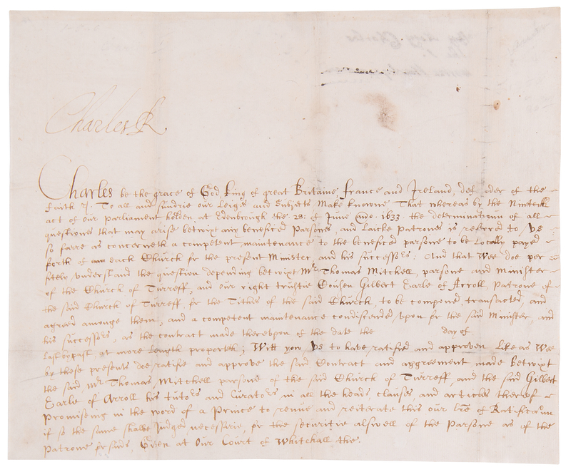 Lot 154 King Charles I Document Signed on Tithes of the Church of Turriff