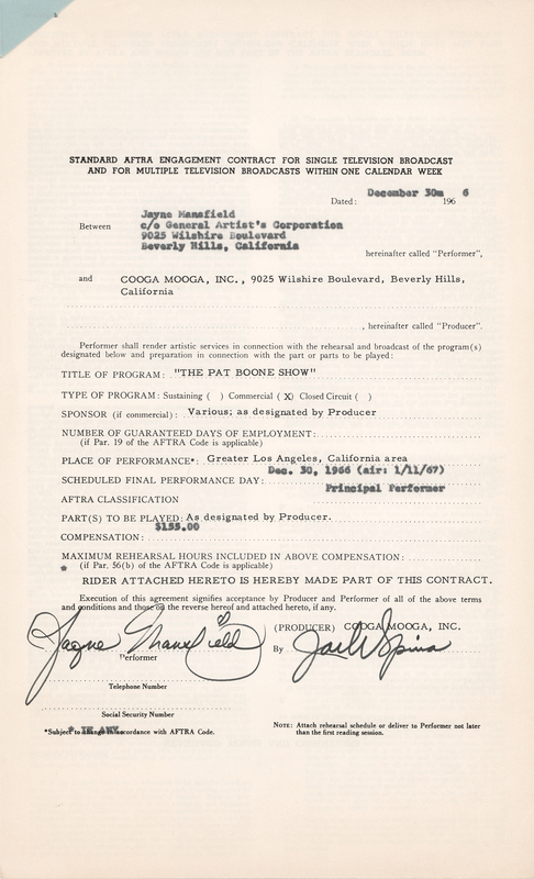 Lot 412 Jayne Mansfield Signed Television Contract - 