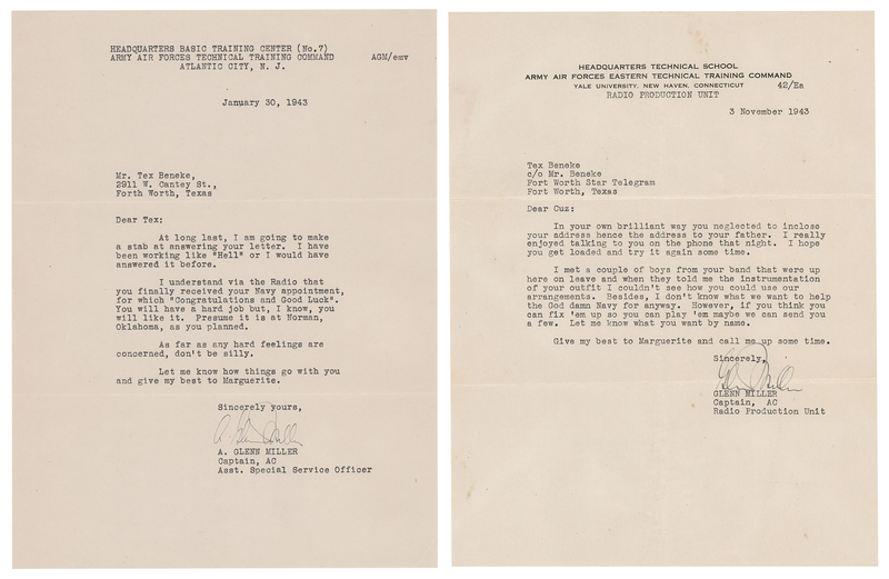 Lot 313 Glenn Miller (2) War-Dated Typed Letters Signed to Tex Beneke - 