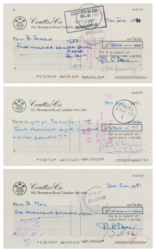 Lot 365 Queen (3) Business Checks Signed by Each Band Member