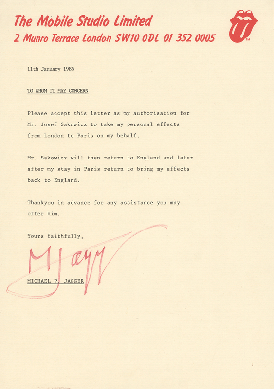 Lot 369 Rolling Stones: Mick Jagger Signed Typed Letter of Authorization