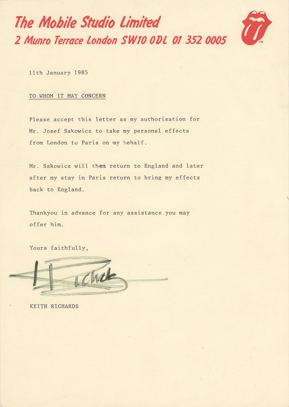 Lot 370 Rolling Stones: Keith Richards Signed Typed Letter of Authorization