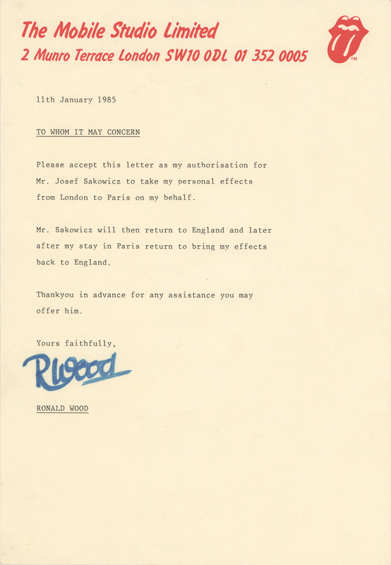 Lot 372 Rolling Stones: Ronnie Wood Signed Typed Letter of Authorization