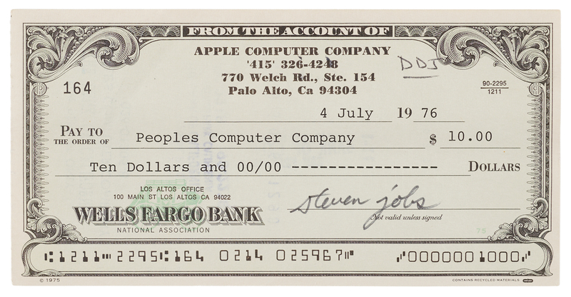 Lot 176 Steve Jobs Signed Apple Computer Check to the People's Computer Company (July 4, 1976) - Representing the Dawn of the Microcomputer Revolution