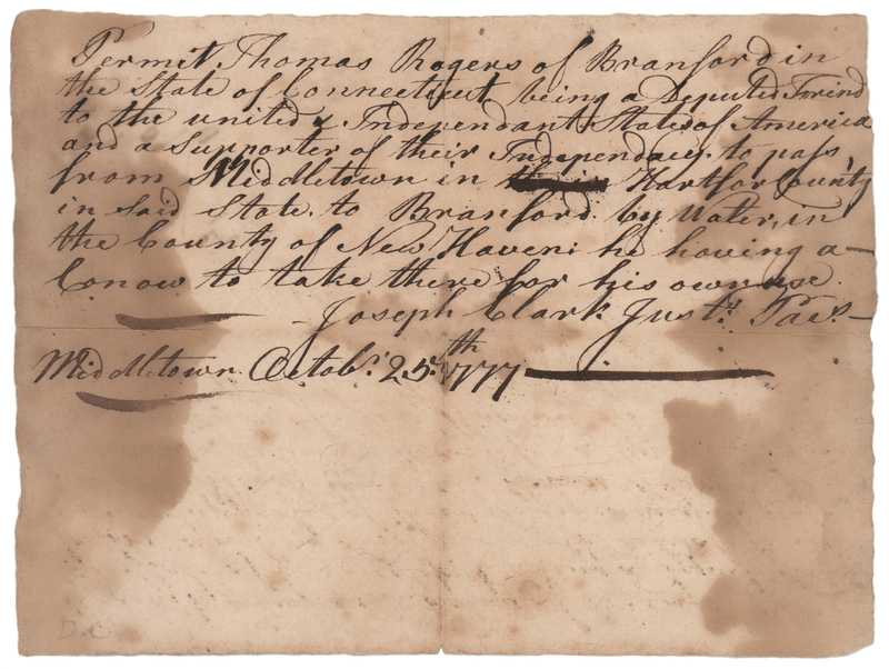 Lot 224 Revolutionary War-Dated Connecticut Travel Pass for a “Deputed Friend to the United & Independent States of America” (1777)