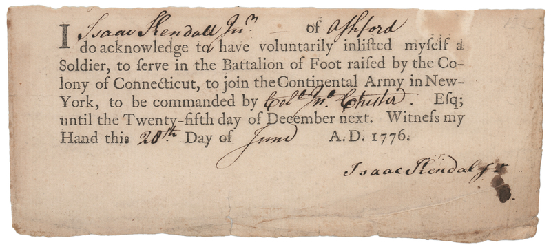 Lot 223 Connecticut Six-Month Enlistment Document for Colonel John Chester’s Regiment Under George Washington (June 28, 1776)