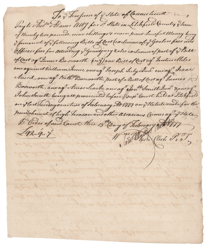 Lot 241 Samuel Wyllys Signed Connecticut 'High Treason' Prosecution Document (1777)