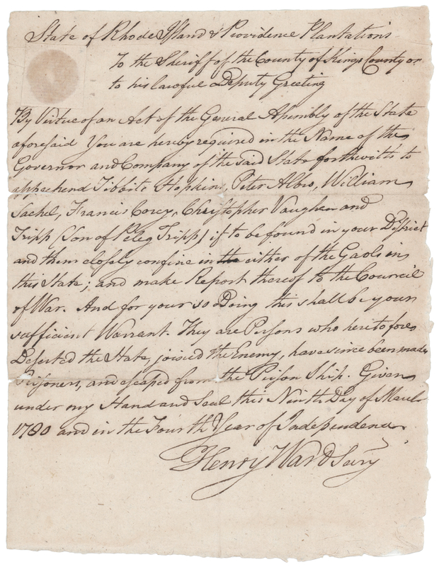 Lot 237 Rhode Island: Henry Ward Signed Arrest Warrant for Six Deserters Who Escaped a Prison Ship (1780)