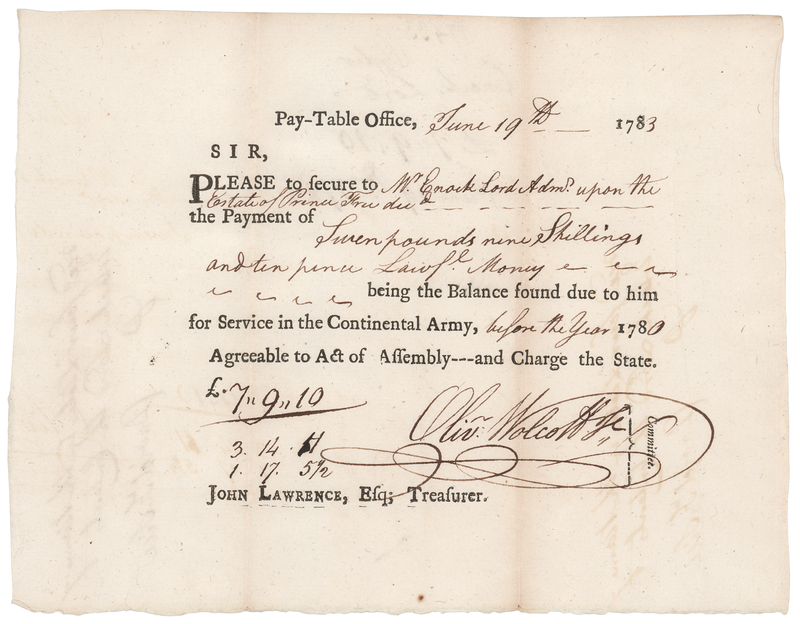 Lot 240 Oliver Wolcott, Jr. Signed Connecticut Pay Order for a Deceased African American Continental Soldier, Prince Free (1783)