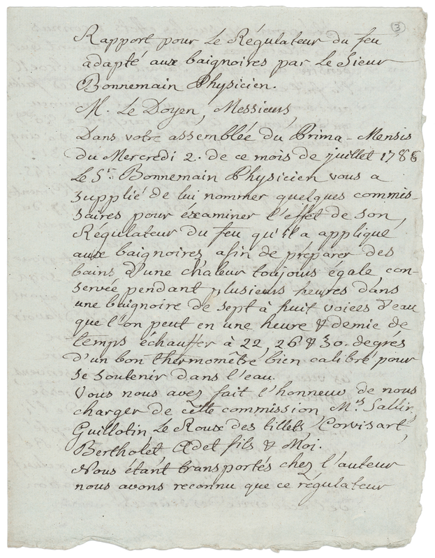 Lot 141 Joseph Guillotin Letter Signed - Report on a Heat Regulator Adapted for Bathtubs