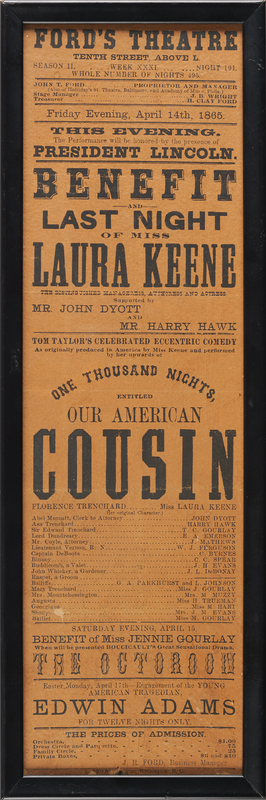 Lot 500 Lincoln Assassination: Ford's Theatre 'Our American Cousin' Playbill (Contemporary Reprint by L. Brown)