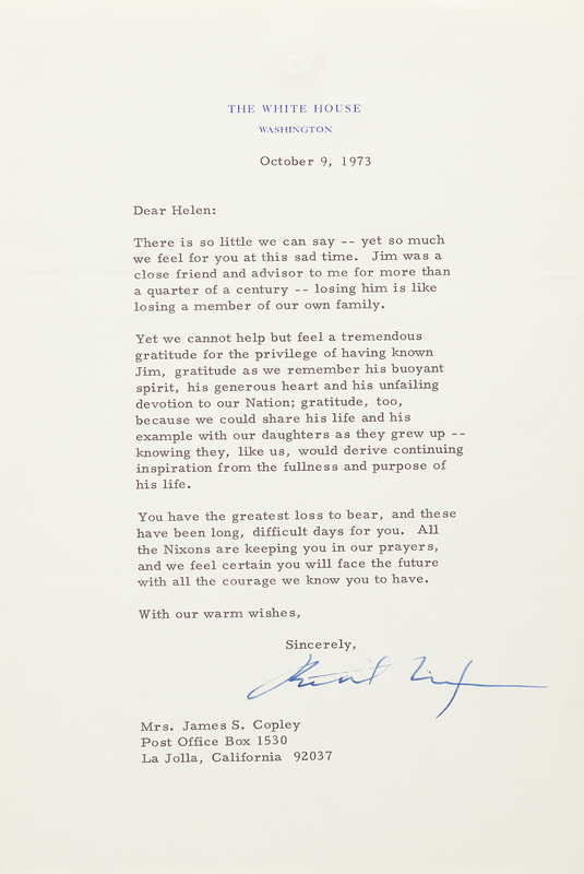 Lot 60 Richard Nixon Typed Letter Signed as President, Remembering a Republican Ally on the Day He Learned of Agnew's Resignation