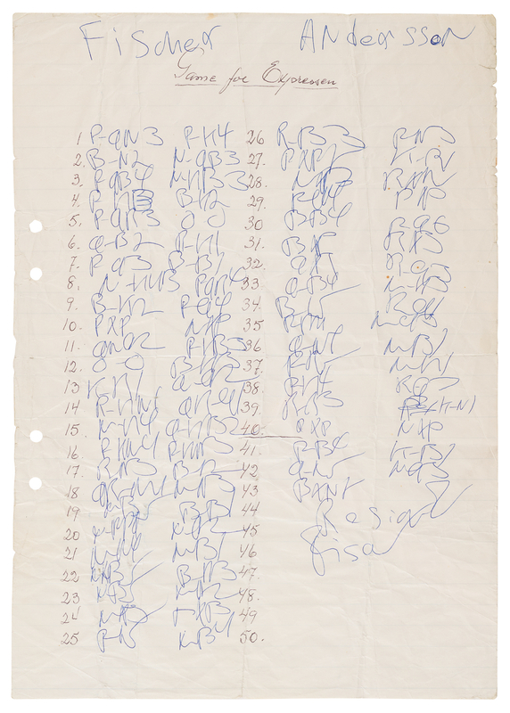 Lot 439 Bobby Fischer Signed and Handwritten Chess Scoresheet from His 1970 Match with Swedish Grandmaster Ulf Andersson