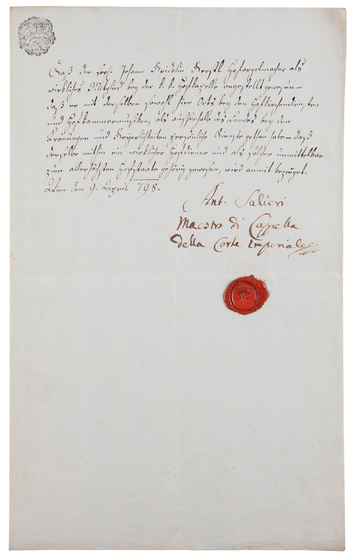 Lot 312 Antonio Salieri Signed Document Certifying the Imperial Court Service of Viennese Organ Builder Johann Friedrich Ferstl (1798)