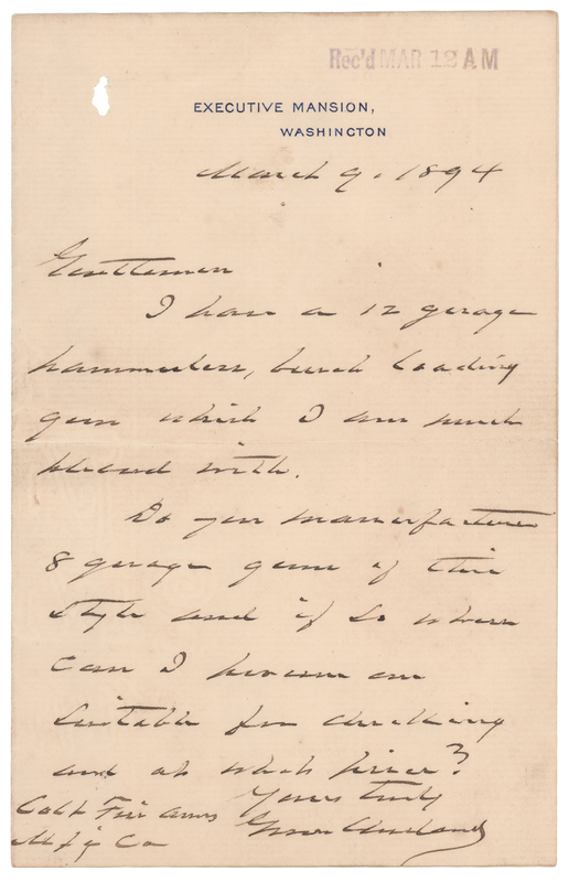 Lot 36 Grover Cleveland Autograph Letter Signed as President to Colt's Patent Fire-Arms Manufacturing Company, Requesting an 8-Gauge Shotgun
